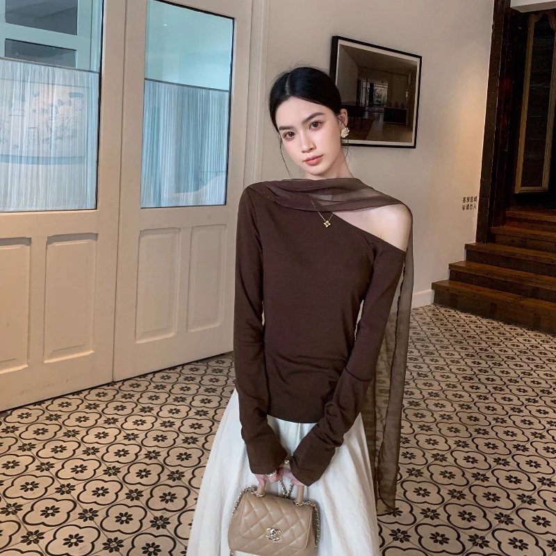 复古美拉德斜肩飘带挂脖长袖打底衫女春秋款气质修身内搭T恤上衣