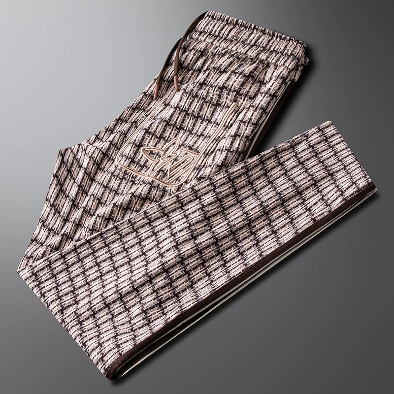 轻奢2025秋冬新款时尚撞色格纹休闲裤男修身直筒保暖潮流运动卫裤