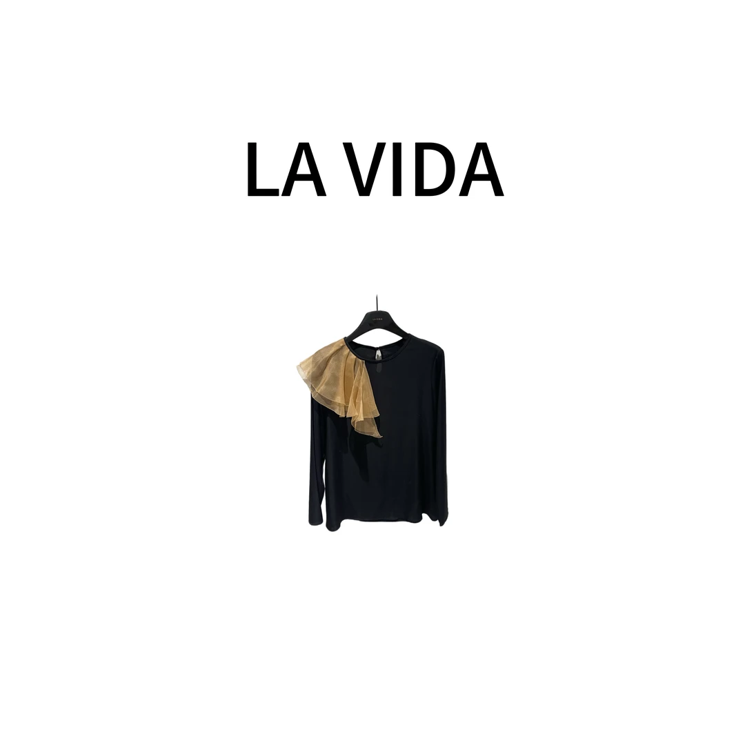 LA VIDA -设计师款一侧卡其拼色真丝衬衣