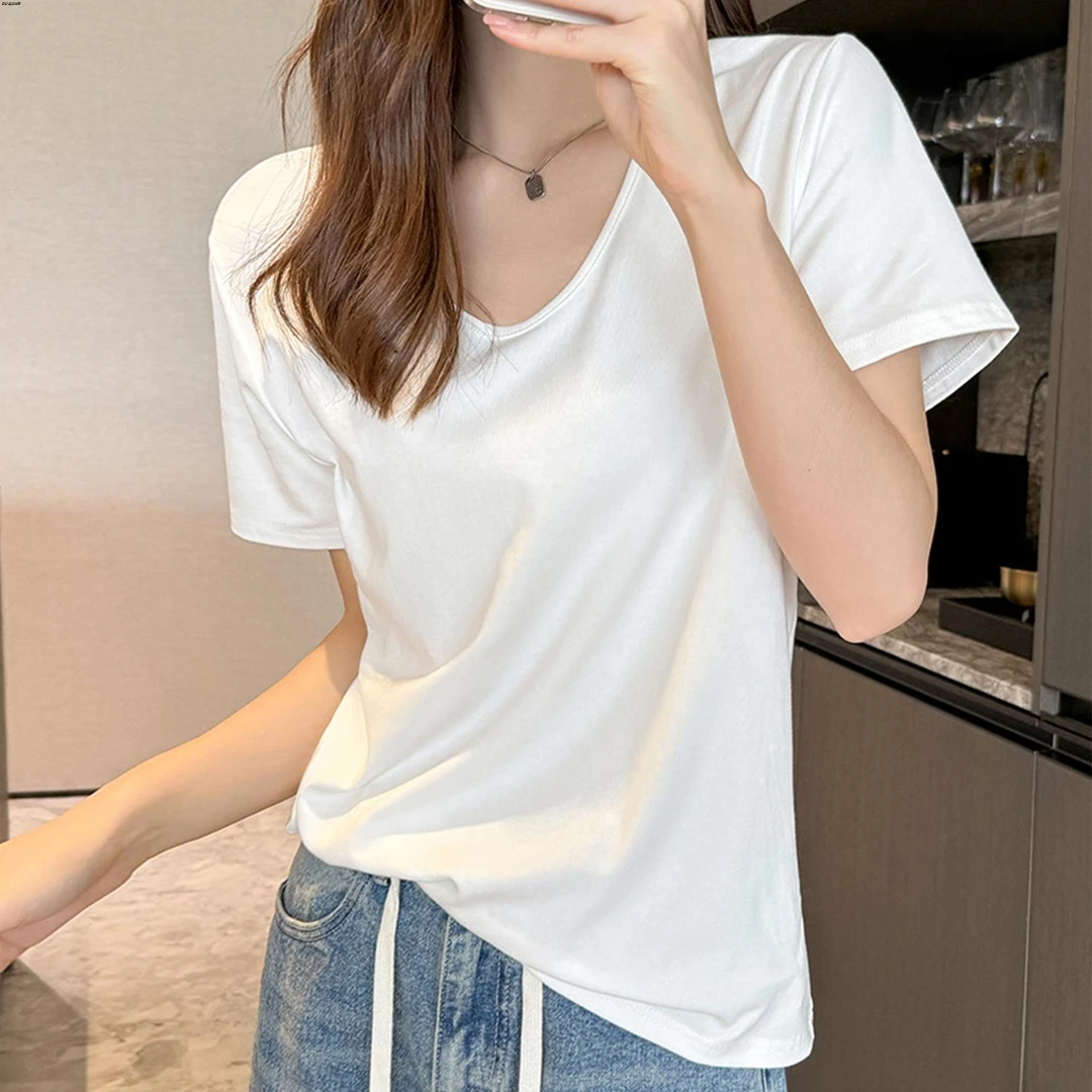白色v领短袖正肩t恤女夏2025新款松弛感宽松韩版慵懒风高级感上衣