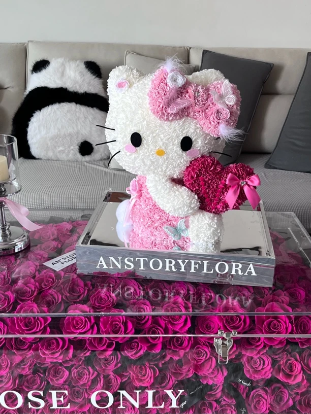 ANSTORYFLORA |捧心kt猫永生花手工定制摆件情人节送女友闺蜜生日