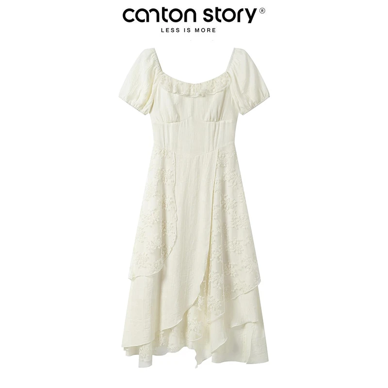 羊城故事【清仓】法式杏色花边泡泡袖连衣裙显瘦长裙  Y50550350