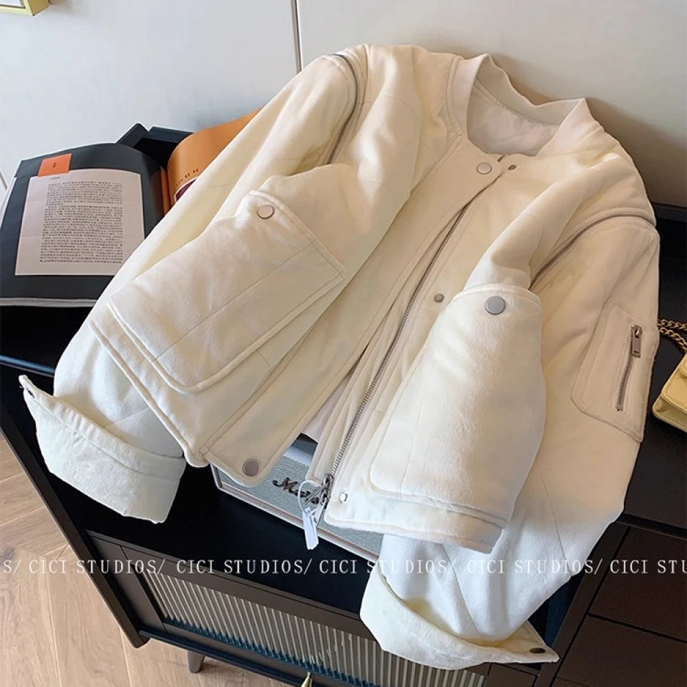 米白色绒面厚实夹棉棉服女冬季2025新款休闲美式高级感保暖短外套