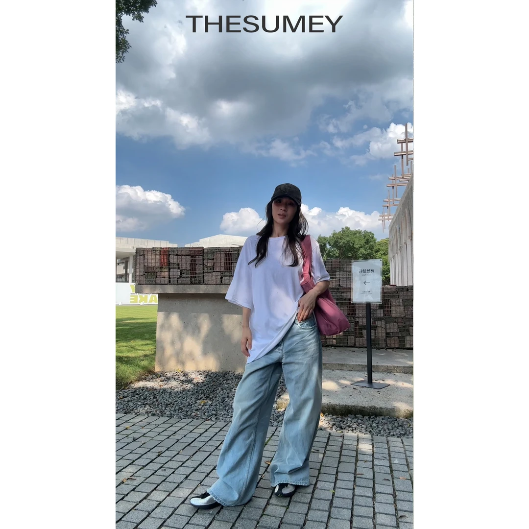 THESUMEY圆领纯色短袖T恤女2025夏季新款辣妹风露背显瘦宽松上衣