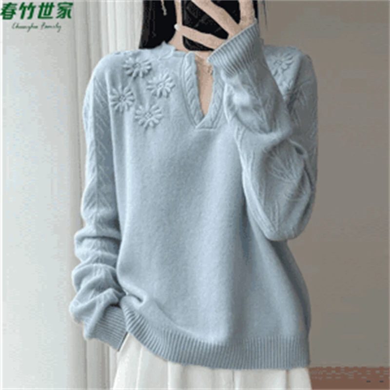 春竹世家针织圆领羊毛衫2025秋冬季新款时尚百搭羊绒长袖宽松毛衣