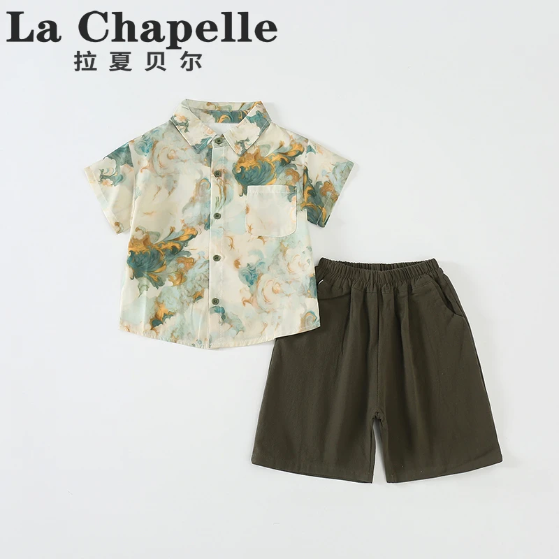拉夏贝尔男童套装2025新款儿童夏季时尚祥云衬衫两件套潮酷LB177