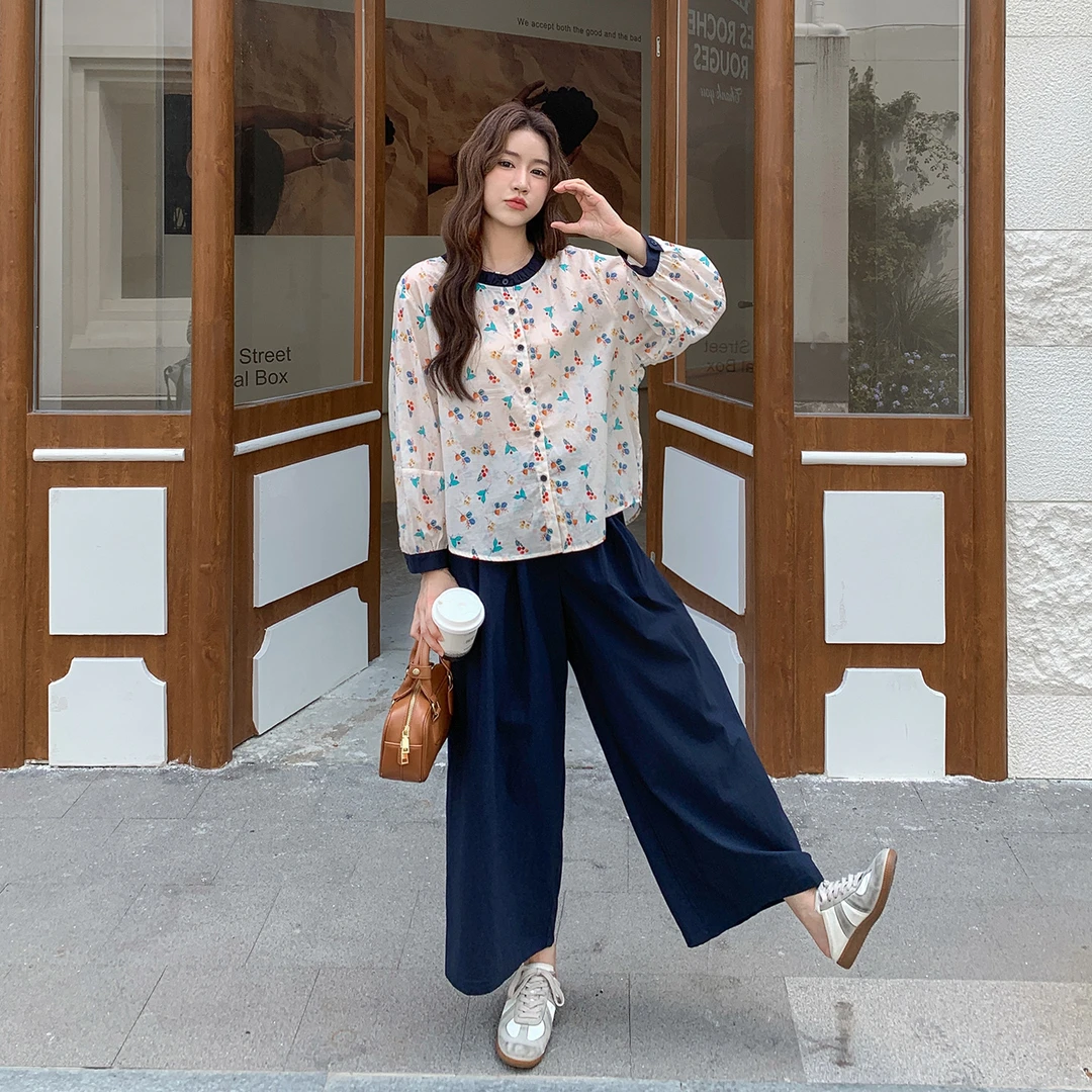 韩系大方得体穿搭一整套女2025早秋新款甜美碎花衬衫阔腿裤两件套