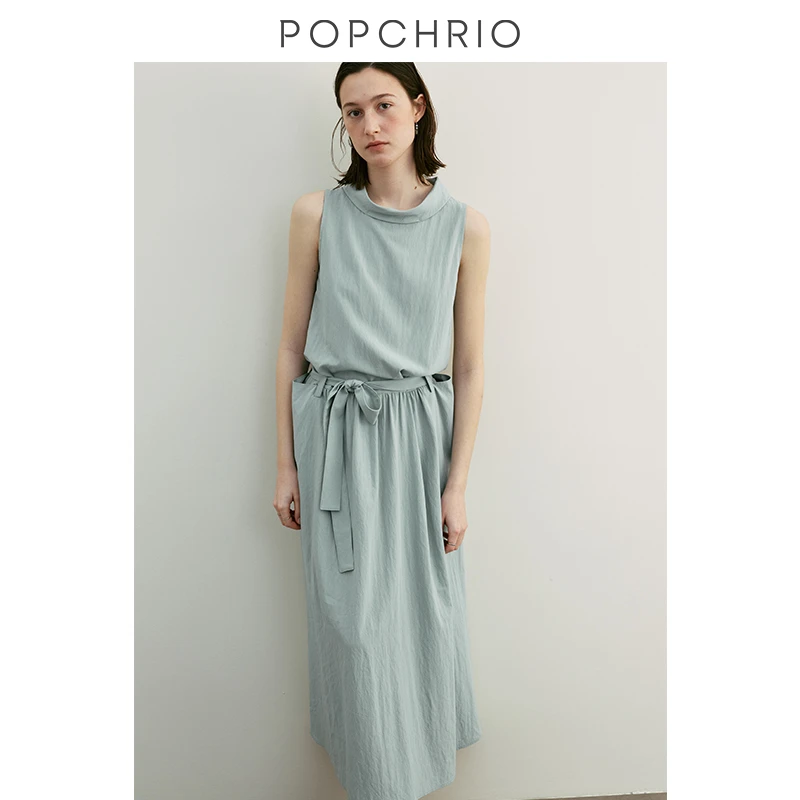POPCHRIO欧可芮荡领无袖连衣裙高级感抽褶气质收腰背心长裙新款