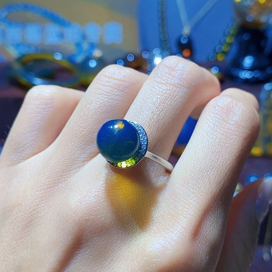 蓝珀银S925镶嵌戒指10mm高蓝净水