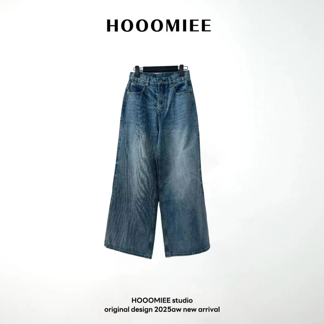 Hooomiee水洗复古直筒阔腿女士牛仔裤NZG2025427