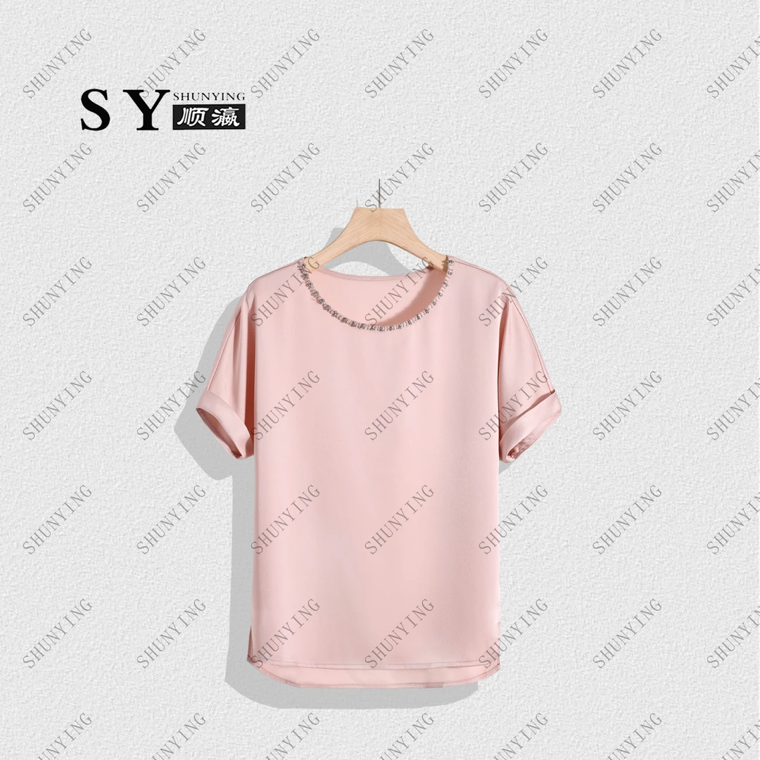 【顺瀛】新款气质高级感显瘦圆领钉珠简约T恤短袖SY62T1258
