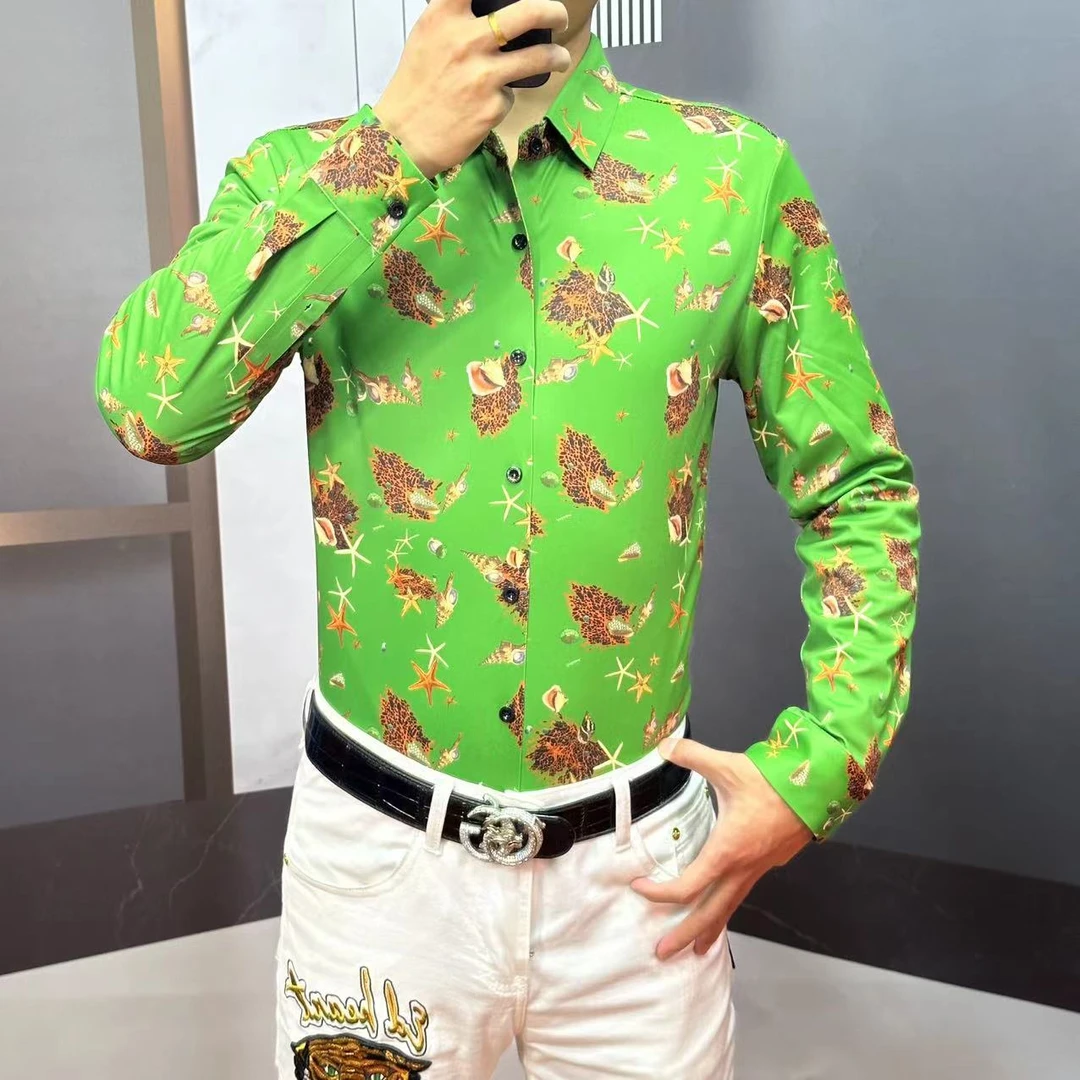 法拉盾甄选新款免烫弹力时尚欧货重工印花烫钻春长袖衬衣88010