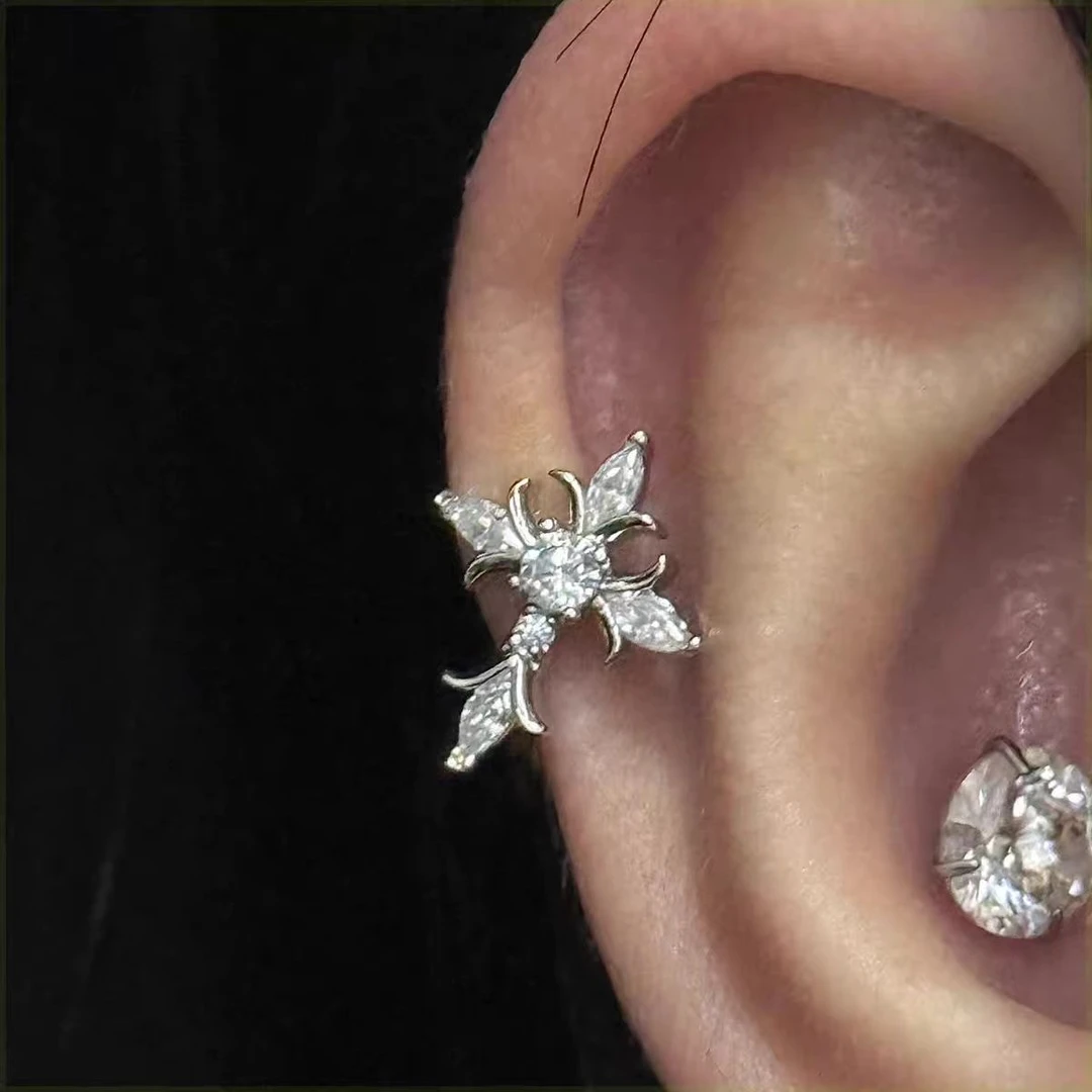 钛钢仿水晶耳饰 2588三只装轻奢风合金十字架简约小巧锆石耳钉