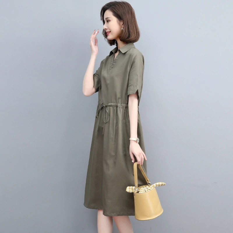 夏季棉麻中长连衣裙V领宽松显瘦系带真口袋咖啡中年妈妈大码裙子