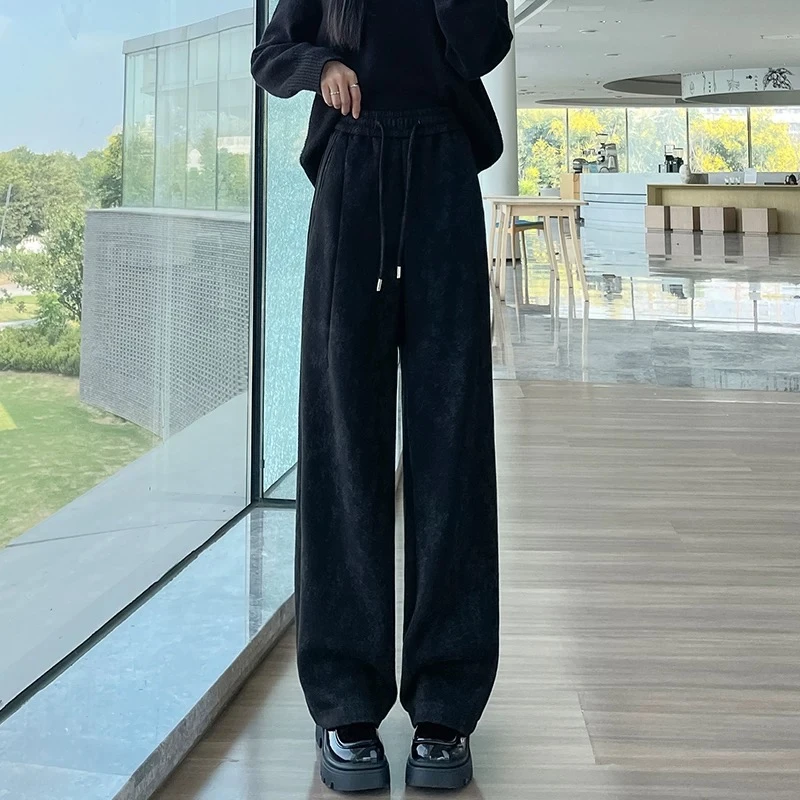 新中式绵羊毛提花加绒加厚高腰垂感阔腿裤女2025秋冬款休闲裤女