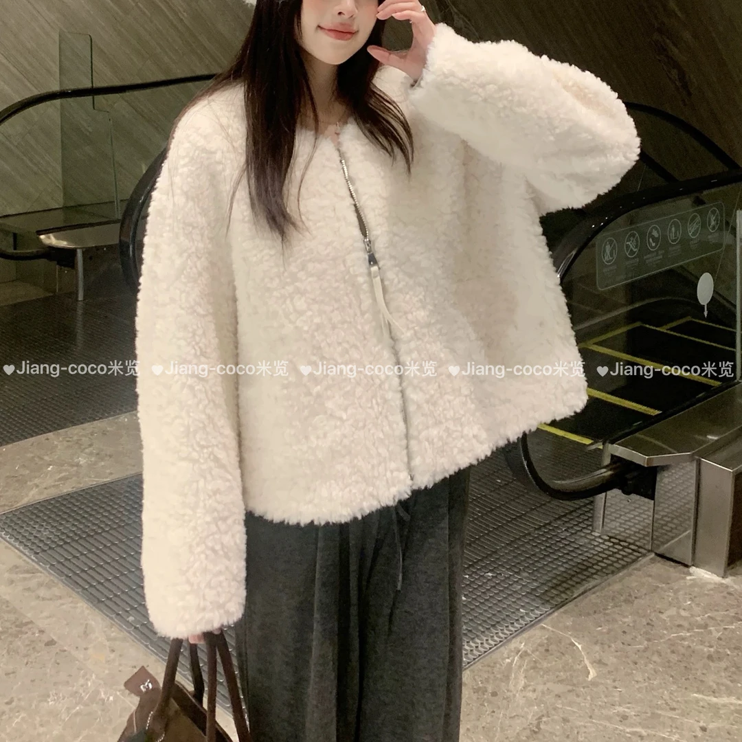 5A新款冬季圆领拉链时尚休闲女士羊毛外套双面短8827