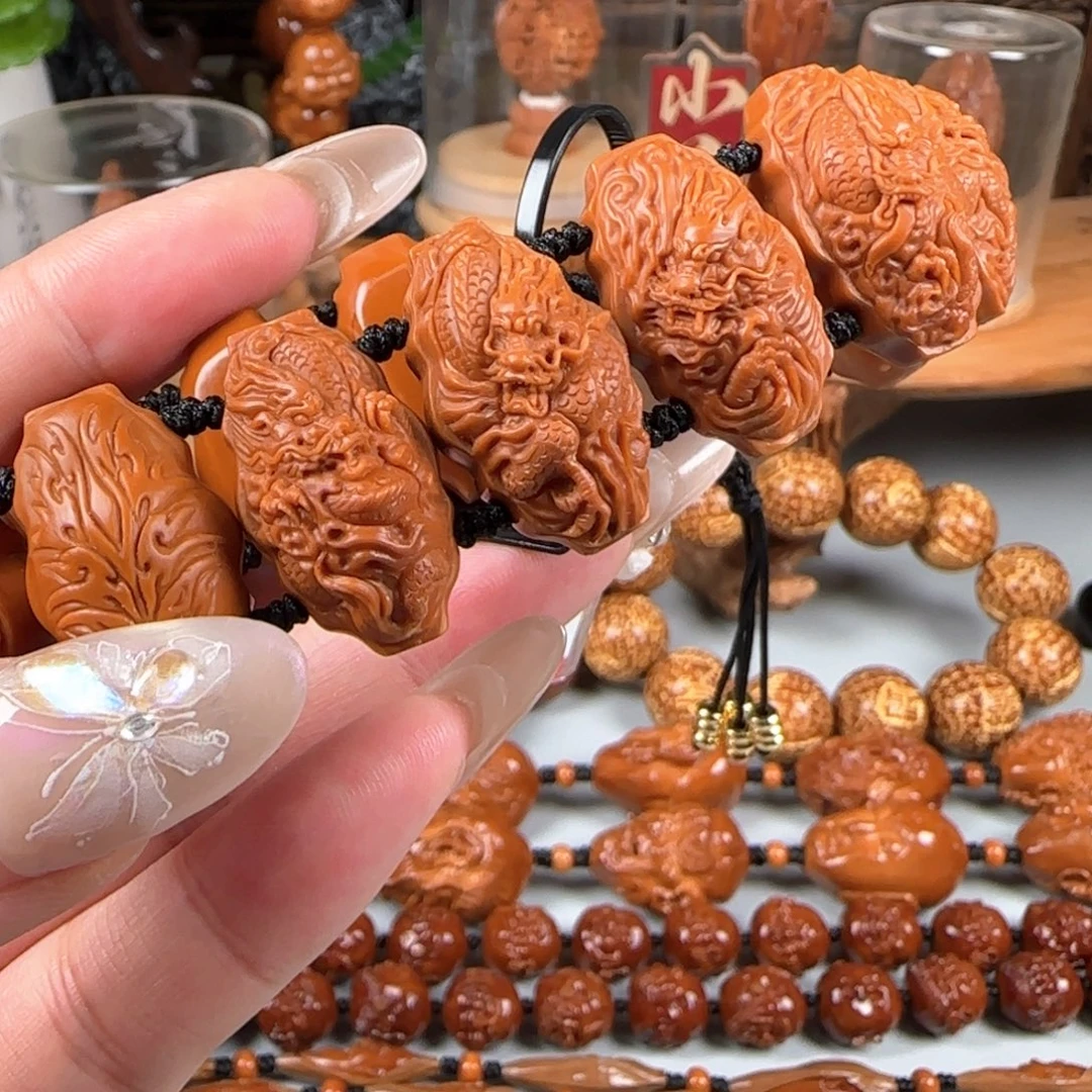 手串/手链橄榄核宽1.5鸡血红水晶核九龙戏珠手牌