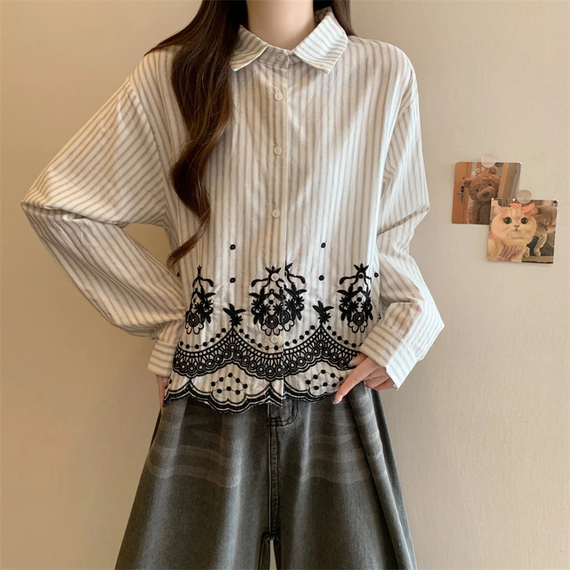 复古刺绣条纹长袖衬衫女早秋2025新款大码胖mm高级感短款衬衣上衣