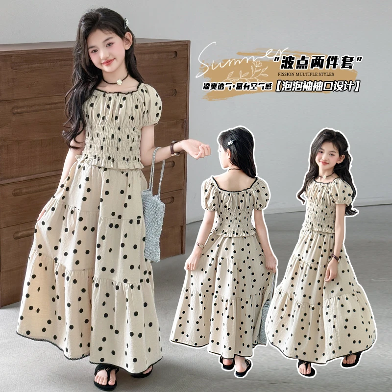 2025款女中大童夏季新款休闲风泡泡袖套头法式波点夏季女孩套装
