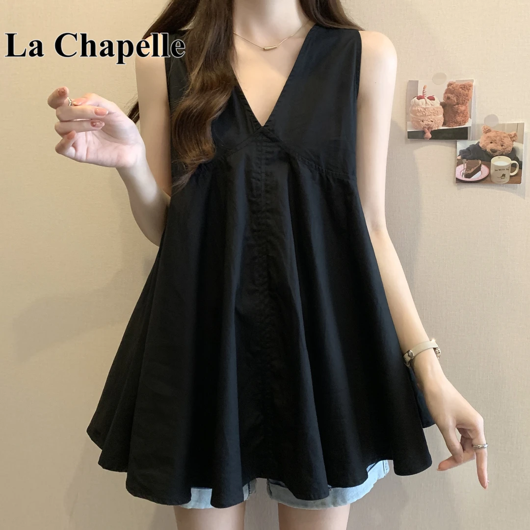 拉夏贝尔V领吊带背心女夏大码胖mm宽松遮肚中长款娃娃衫蓬蓬上衣