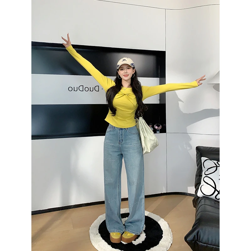 【法文牛仔】甜辣多多2025春季高腰直筒显瘦百搭休闲蓝色宽松牛仔裤