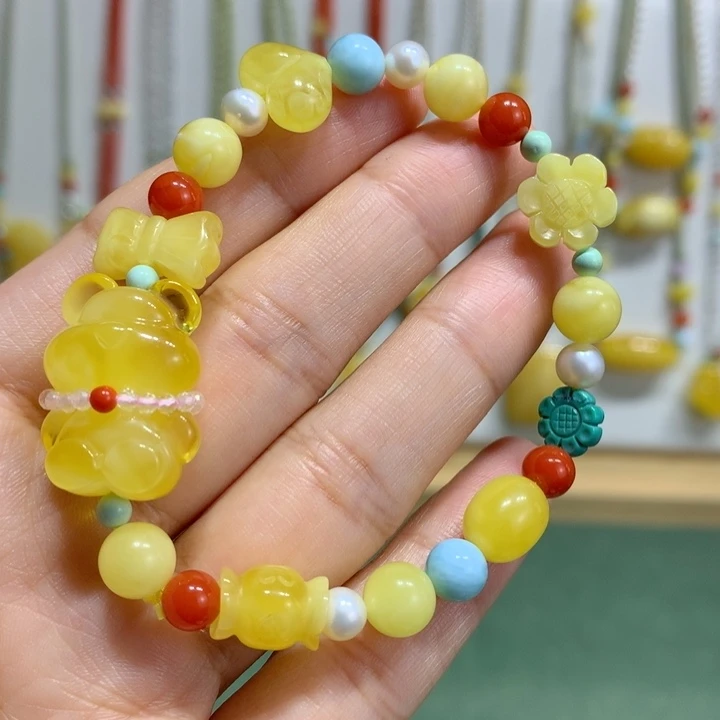 蜜蜡未镶嵌手链多宝款