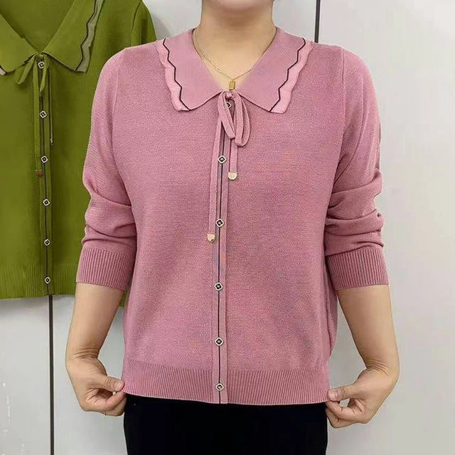 2025春季新款时尚娃娃领针织衫减龄设计感洋气小衫纯色妈妈装上衣