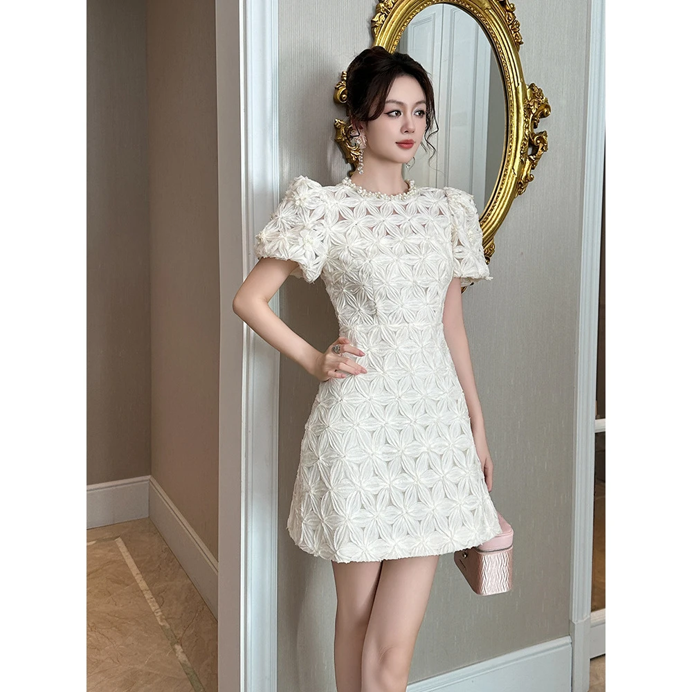 夏季新款女装法式浪漫圆领收腰泡泡袖蕾丝公主连衣裙复古国风名媛