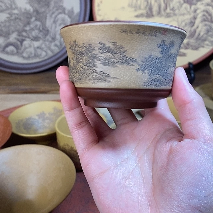 紫砂山水刻绘主人杯
