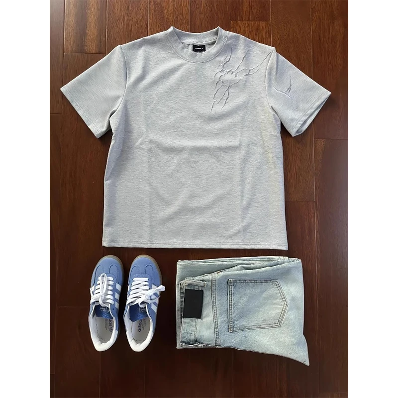 荆棘闪电刺绣短袖男款美式高街灰色重磅t恤夏季潮牌cleanfit半袖