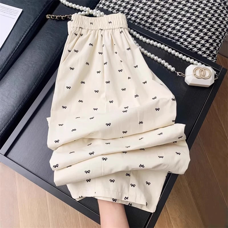 150小矮个子蝴蝶结印花抽绳休闲裤女夏居家外穿遛弯裤高腰直筒裤