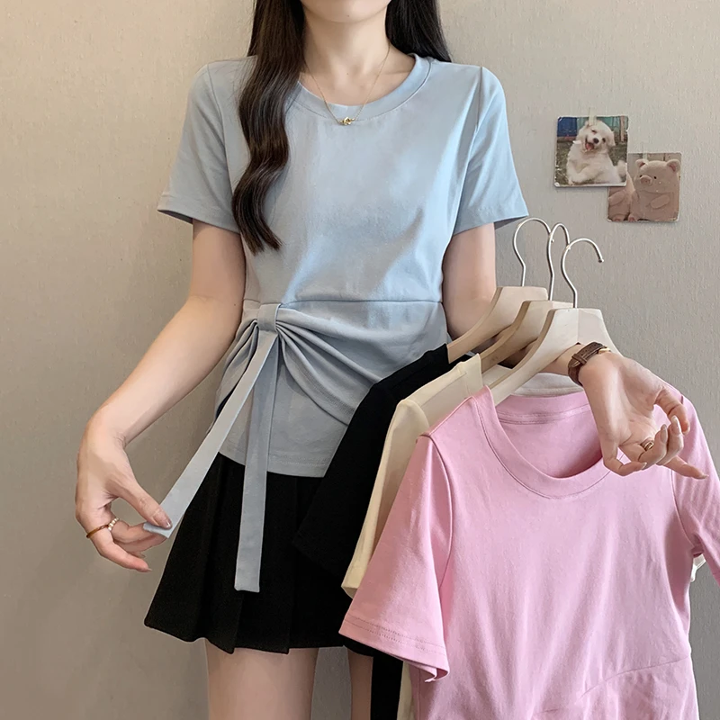 2025夏装新胖mm大码设计感圆领拼接飘带短袖T恤甜美可爱风格衣服