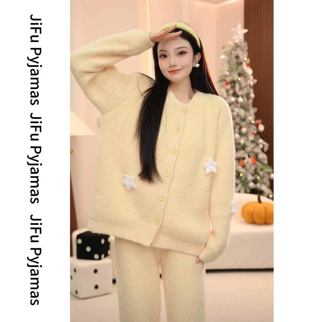 【柠檬香草】冬季加厚半边绒软绵绵家居服加绒睡衣女套装宽松保暖