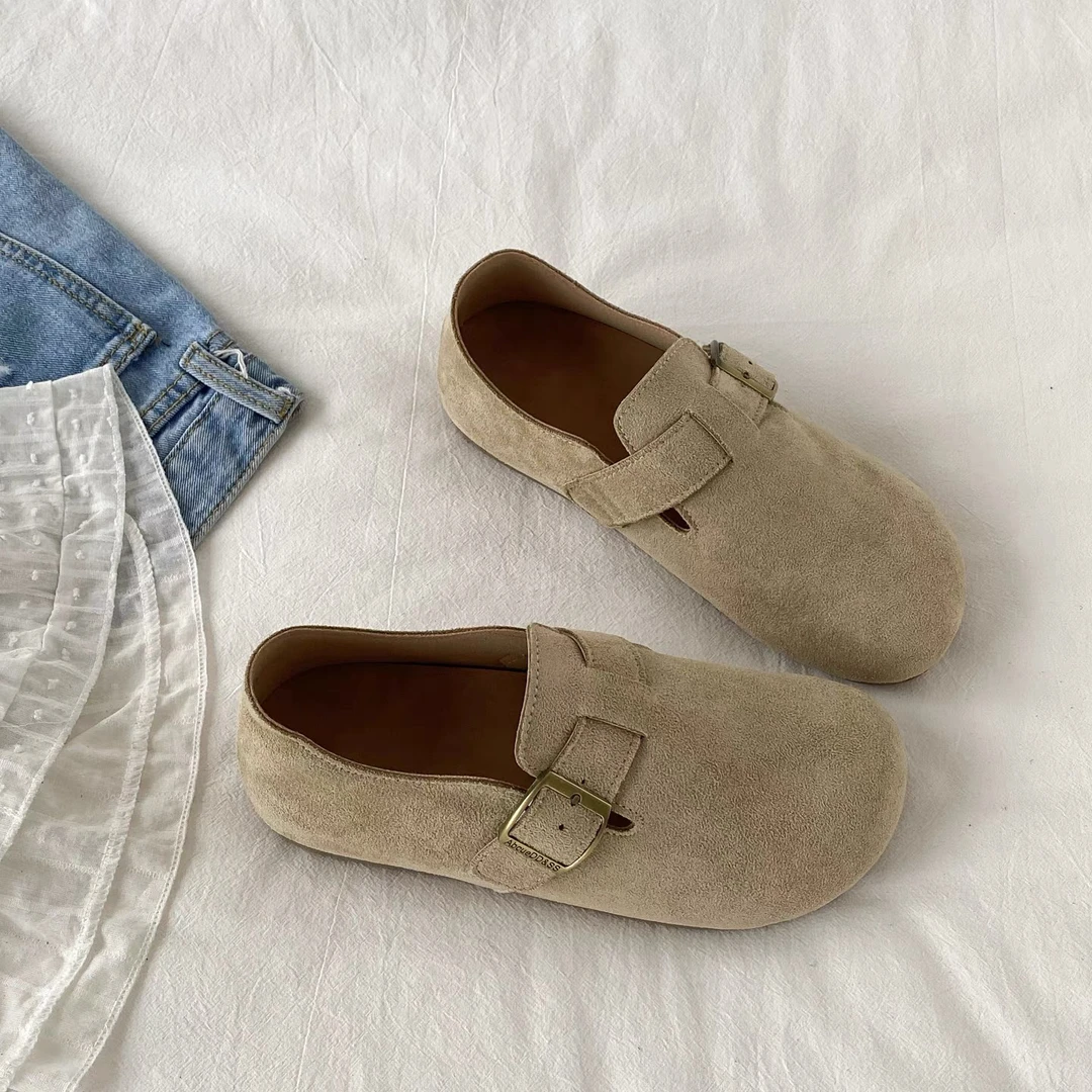 三福真皮厚底全包勃肯鞋女2025秋季新款一脚蹬博肯单鞋休闲乐福鞋