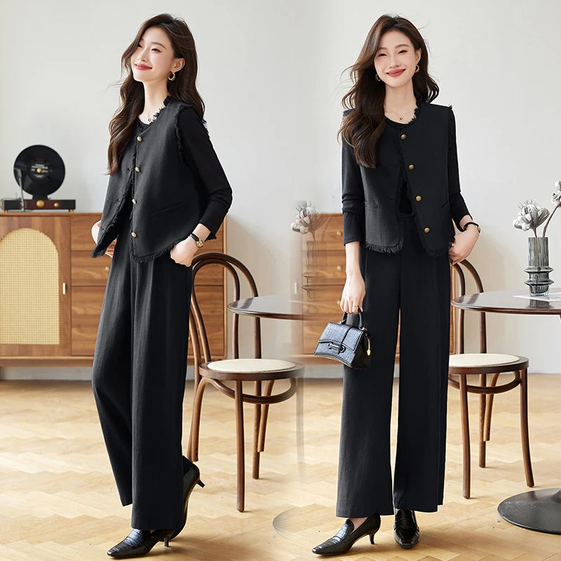 轻熟风初秋穿搭森系复古通勤套装圆领套头毛衣外搭马夹半裙三件套