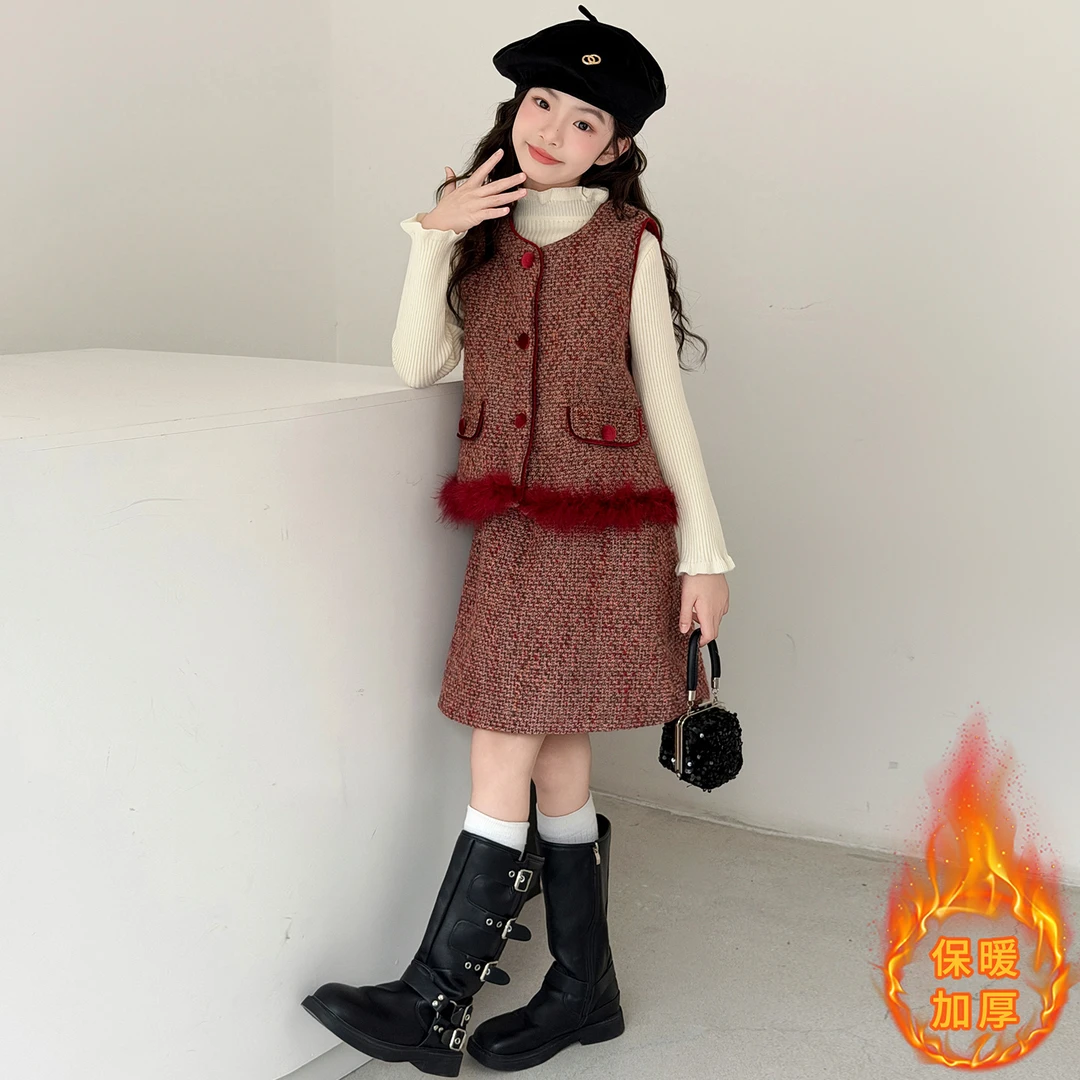 女童小香风套装秋冬加厚夹棉红色格子马甲短裙三件套圣诞拜年服潮