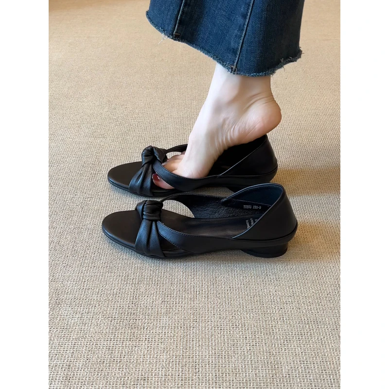 nnmiss·34-39/2cm简约复古风圆头纽结交叉带舒适低跟百搭露趾凉鞋