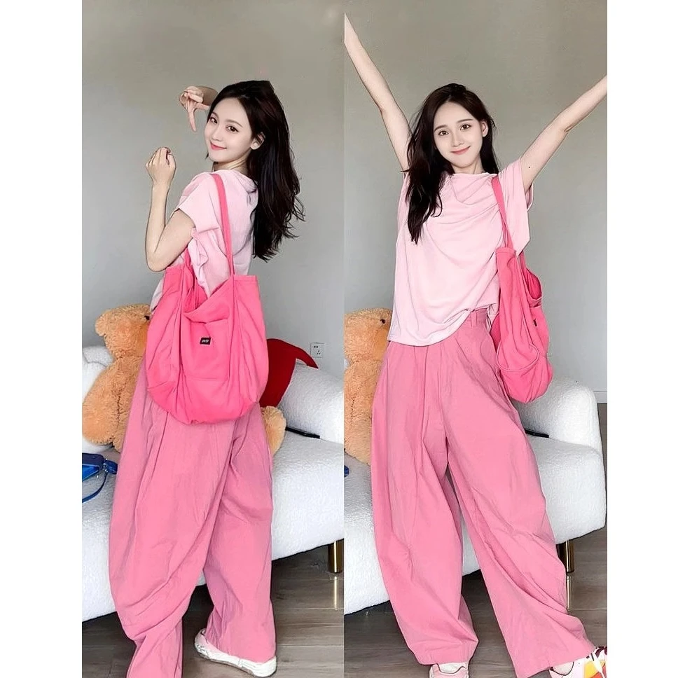 夏季新款慵懒风甜美时尚温柔风上衣T-恤随性百搭宽松个性阔腿裤潮