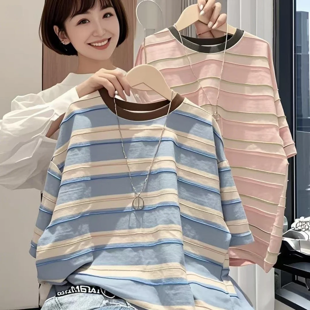 2025夏季新款韩版儿童短袖纯棉T恤粉色条纹男女童休闲百搭上衣