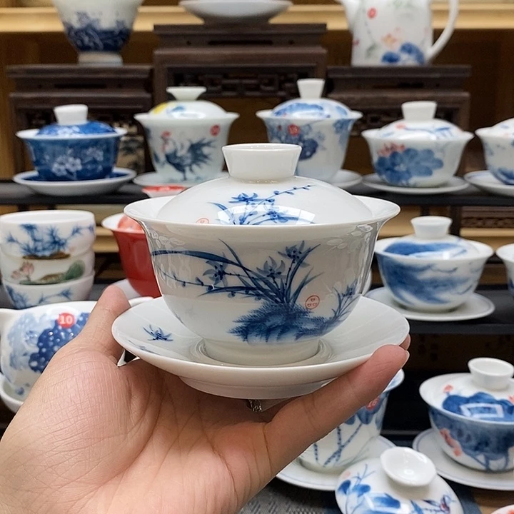 手绘兰花盖碗釉下彩高温瓷微瑕福利款