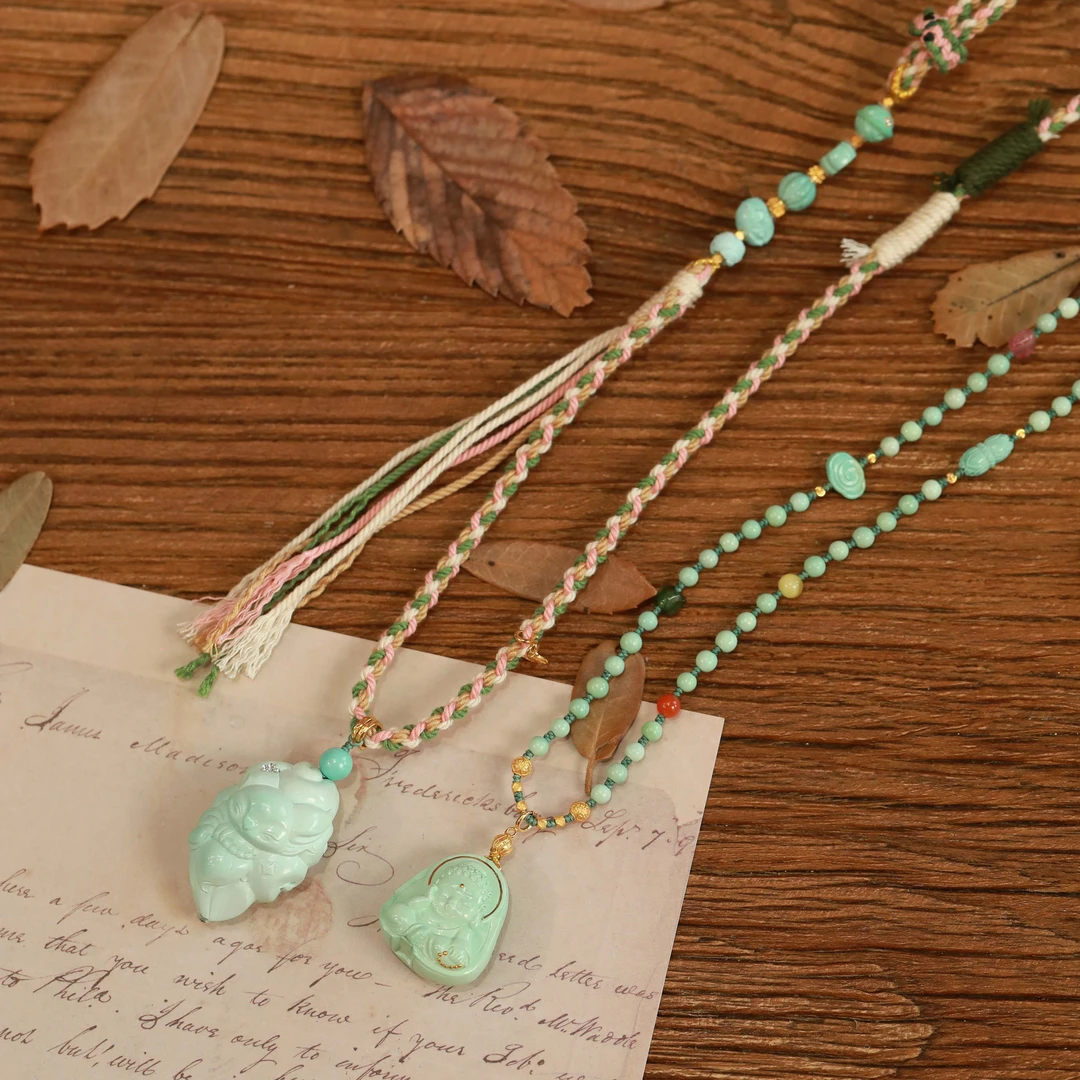 霖泽|绿松石小狐狸宝宝佛锁骨链项链配饰18k金复古国风气质1222