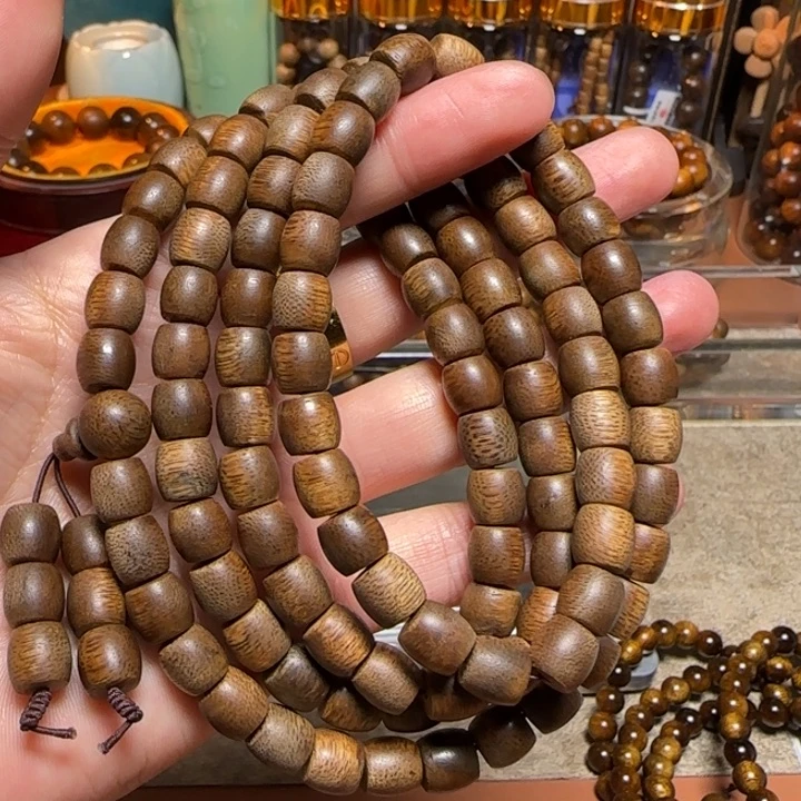 加***贝沉香手串芽庄正区金丝糖结白奇桶珠8mm