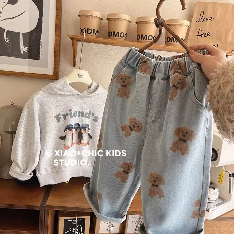 超韩系~儿童春季小泰迪印花软牛仔裤浅色男女童春秋休闲百搭裤潮