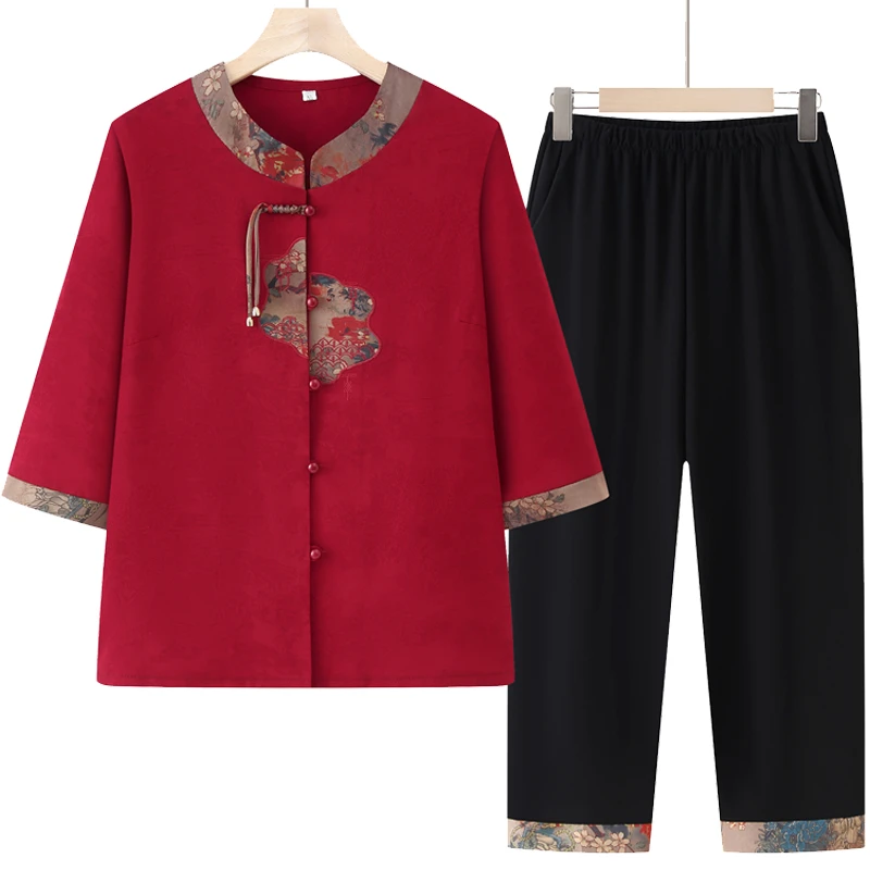 中老年人奶奶装夏季七分袖衬衫套装老太太居家喜婆婆衬衣裤子