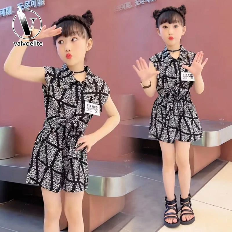 VALVOELITE女童夏时髦洋气套装菱形格清凉雪纺无袖衬衫短裤两件套