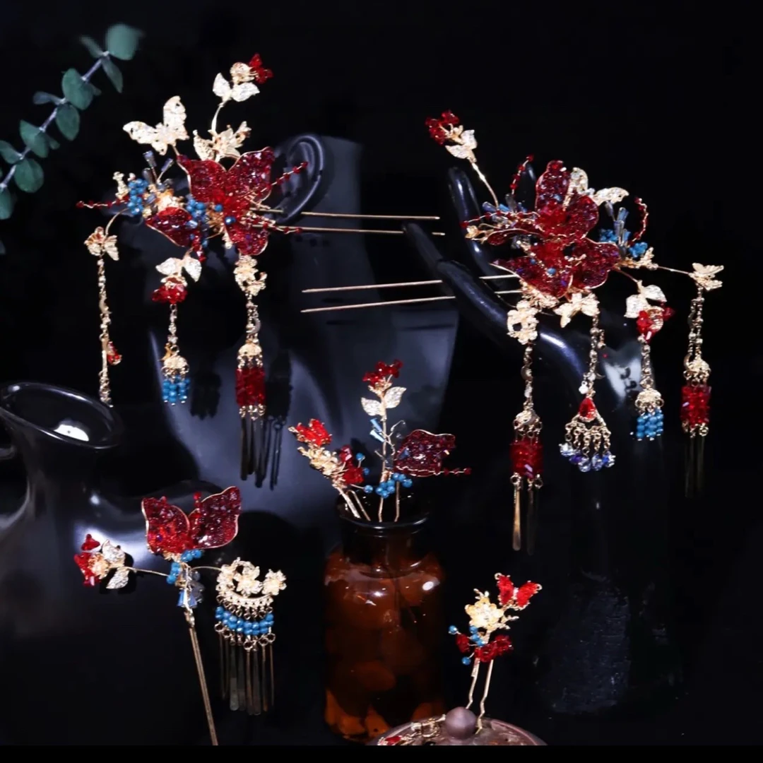 新款红金蓝撞色宫廷风大气秀禾精致百搭新娘头饰