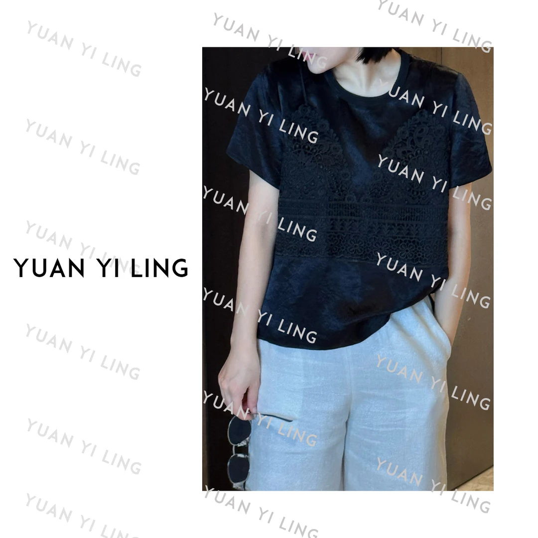 袁艺灵【蕾丝假日】25夏季新款醋酸拼接蕾丝圆领短袖优雅时尚T3122