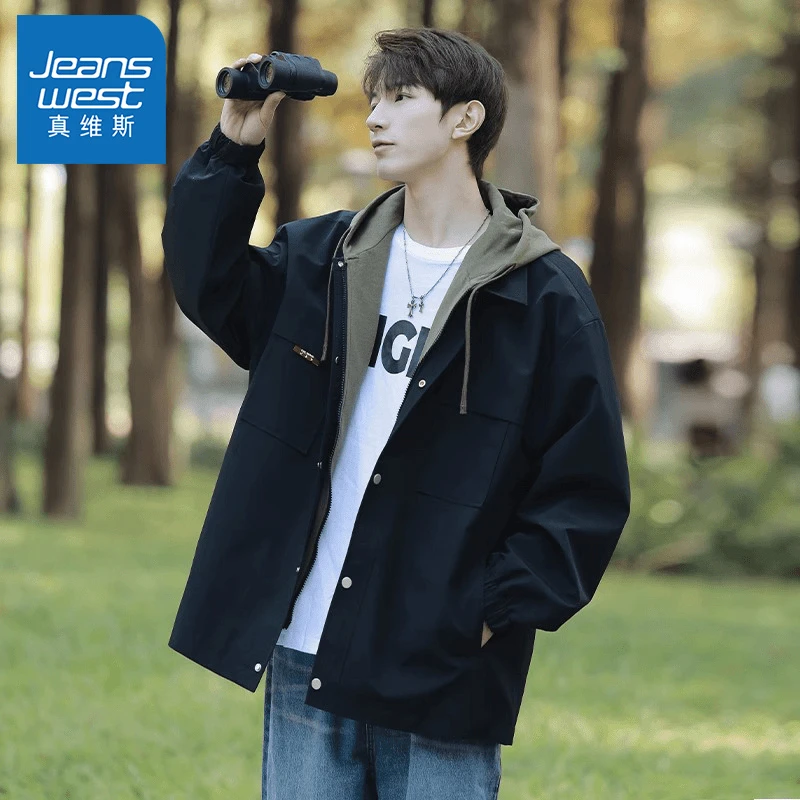真维斯春秋季假两件夹克外套男士连帽抽绳潮流帅气宽松休闲上衣服