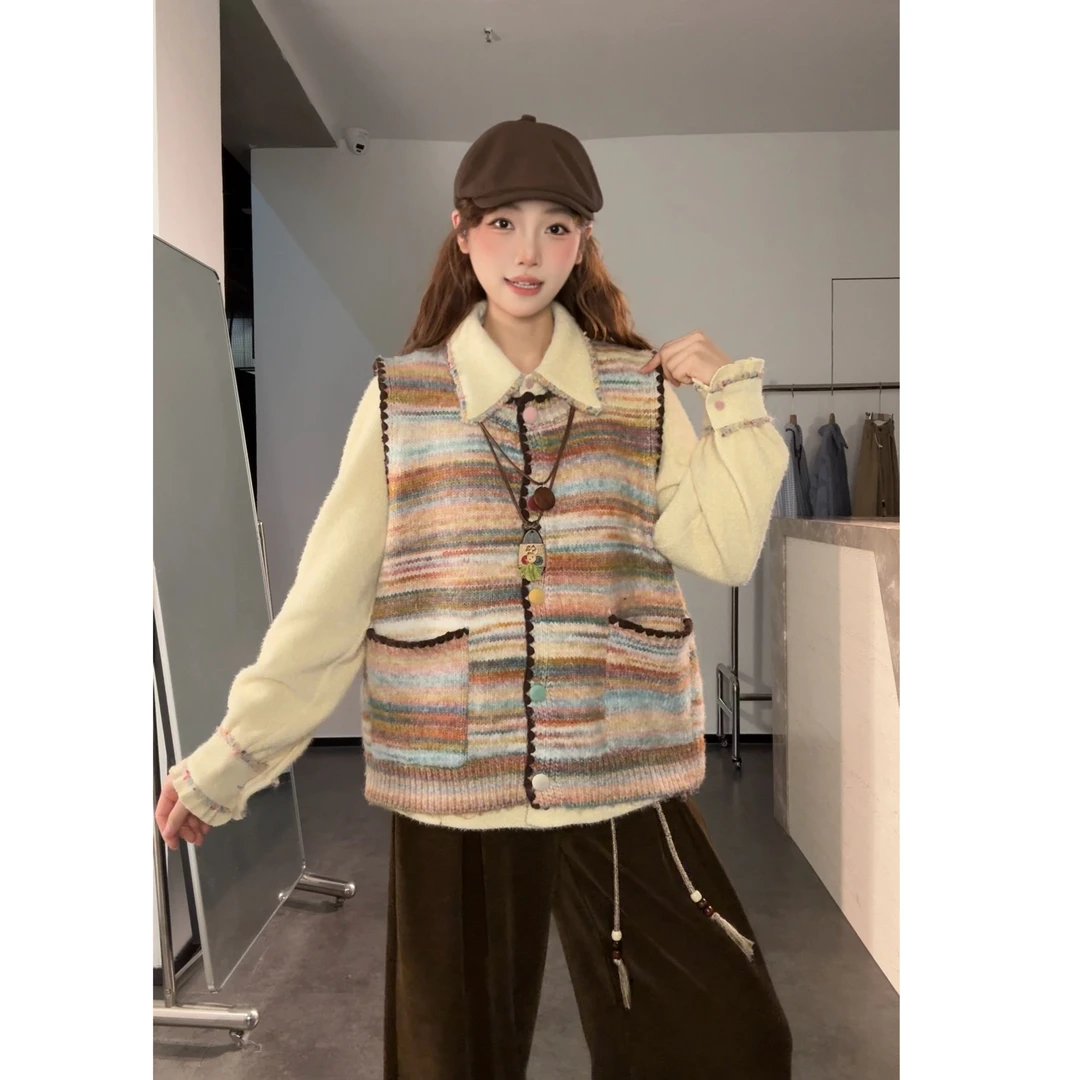 VGVL马甲【马卡龙】秋冬款设计感气质复古百搭彩色条纹马甲女50314