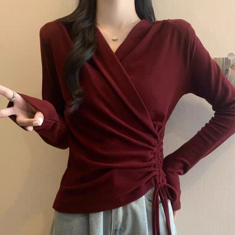 大码女装907V领上衣女长袖新款抽绳褶皱收腰修身针织打底衫
